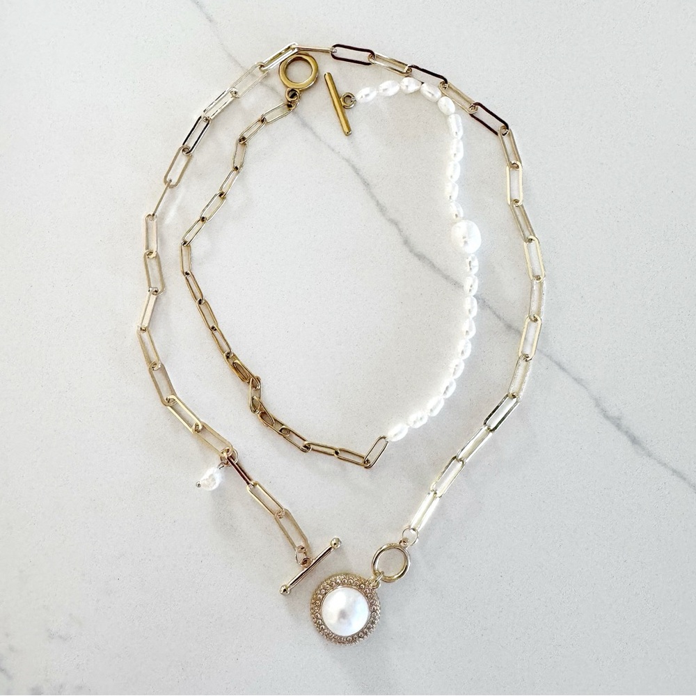 Gold Layered Necklace Multilaye Chunky layered Pearl Paperclip Chain Nec… - Picture 8 of 11